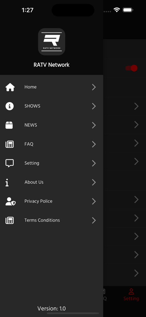 RATV Network - Side navigation menu for RATV Network app showing sections like Shows News and FAQ