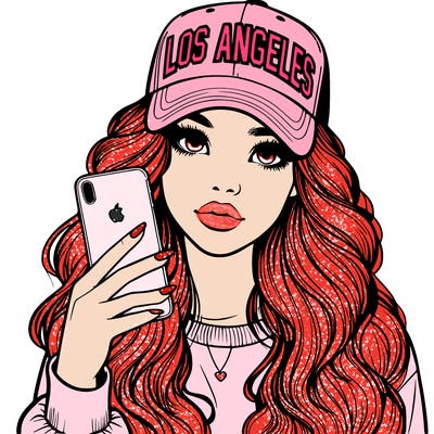 realistic beautiful girl wearing los ángeles cap holding an iphone