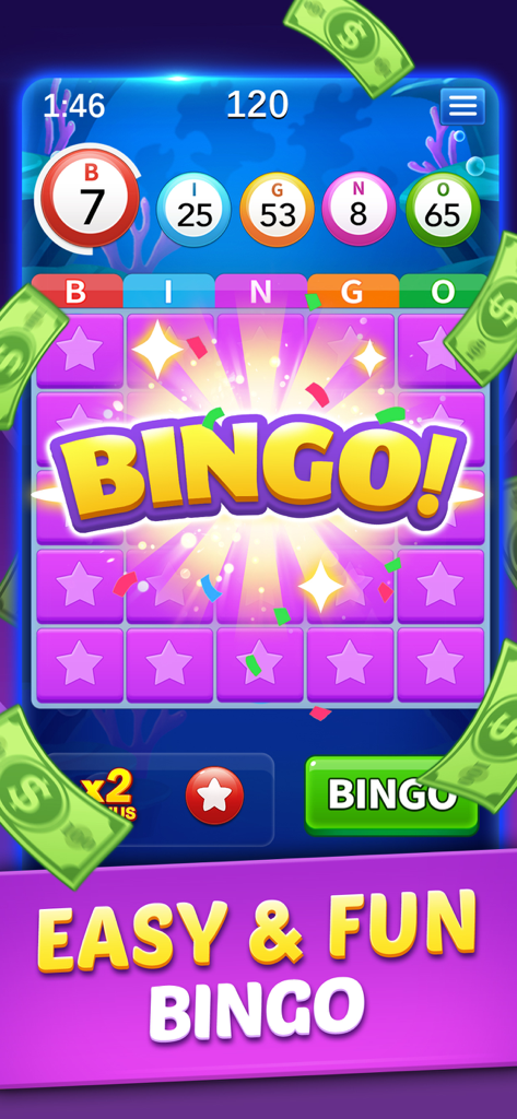 Bingo of Cash: Win Real Money - A winning bingo game screen in the Bingo of Cash app with floating cash symbols and easy and fun bingo text.
