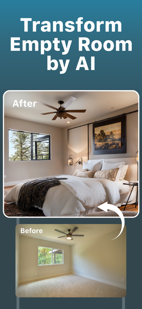 Deko: AI Home Design & Remodel - AI-powered bedroom transformation showing an empty room before and a fully furnished bedroom after using the Deko app
