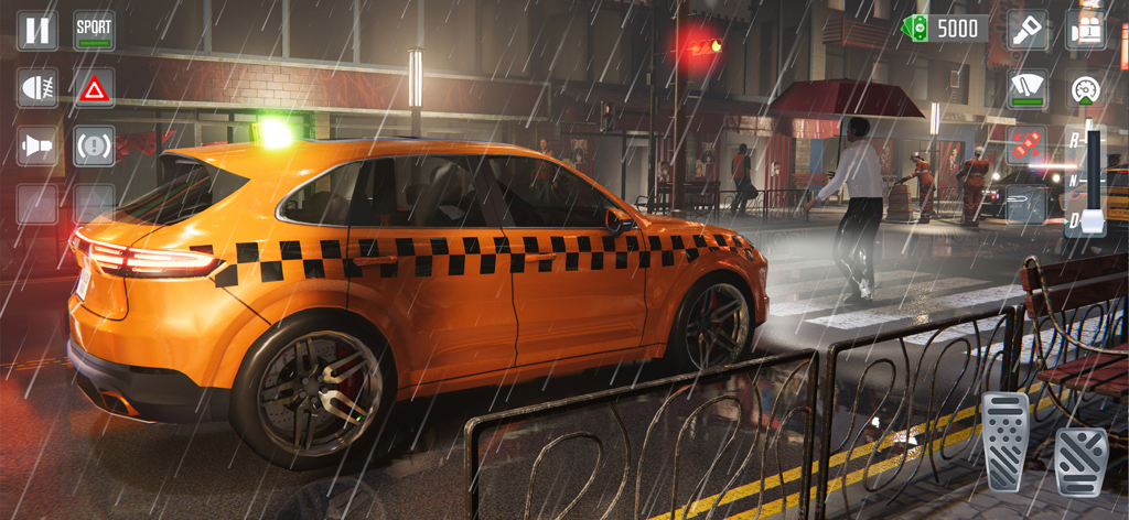 Taxi Car Simulator : EVO - An orange luxury SUV taxi driving on a city street at night in the rain with pedestrians using umbrellas.
