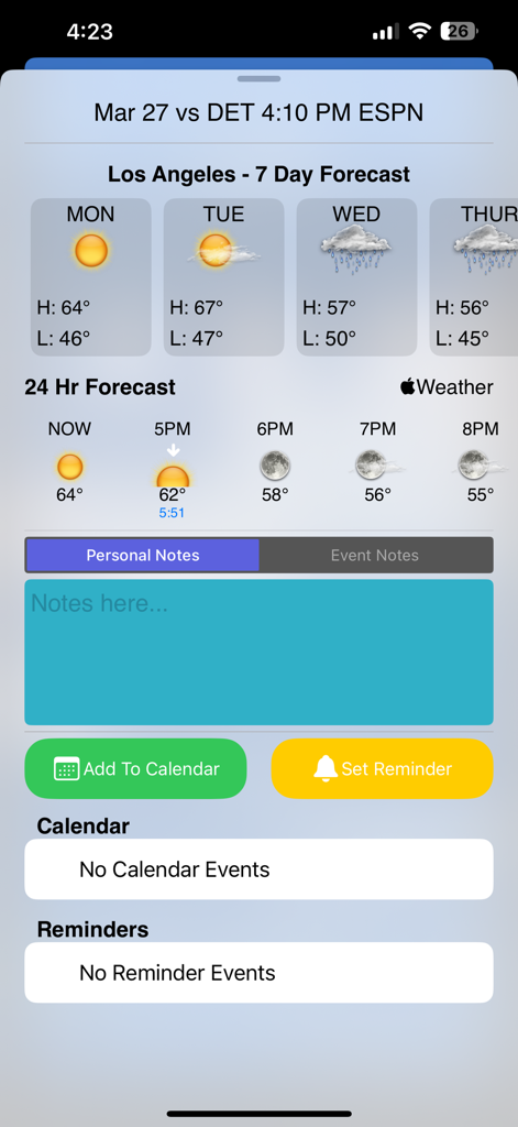 Baseball game schedule screen featuring weather forecast and calendar sync options.