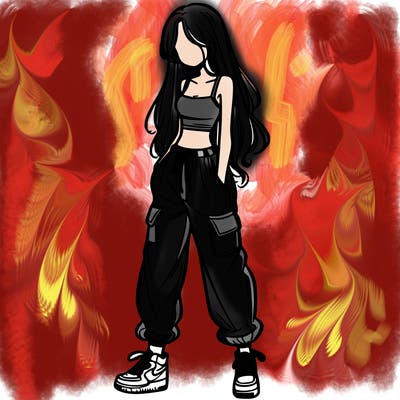 girl in baggy pants crop top and long hair