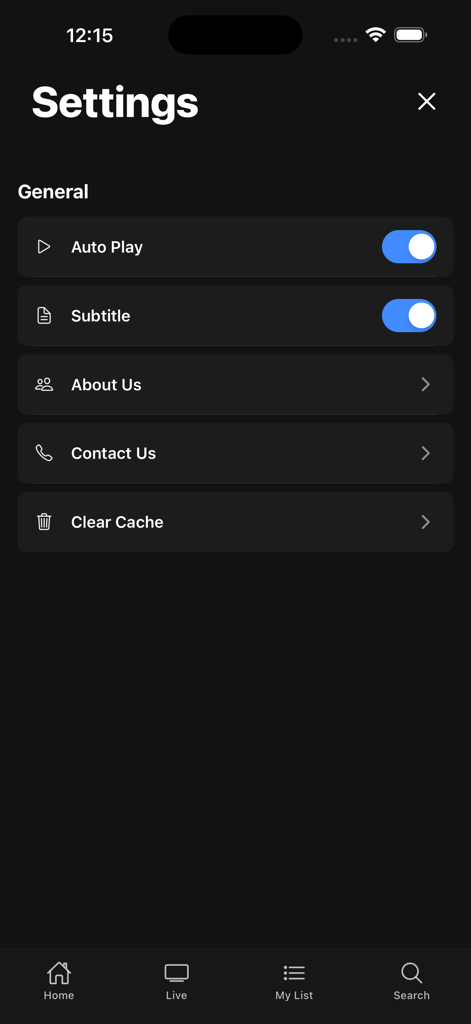 Interfaz de configuración de la app VPI TV mostrando opciones generales como reproducción automática y el interruptor de subtítulos en modo oscuro.