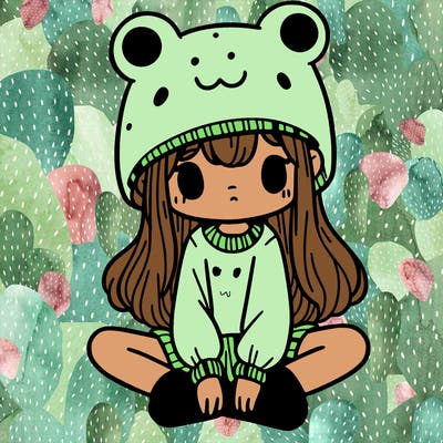 a girl wearing a frog hat and some frog socks