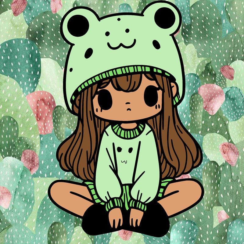 a girl wearing a frog hat and some frog socks