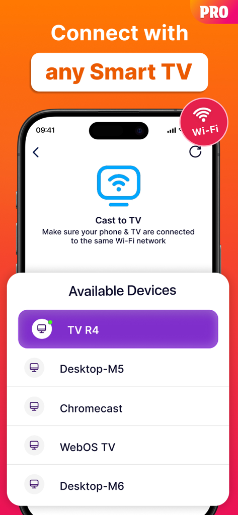 Projector TV Remote PRO - Interface de l'application montrant comment connecter un smartphone à un téléviseur intelligent à l'aide de l'application Projector TV Remote PRO via Wi-Fi