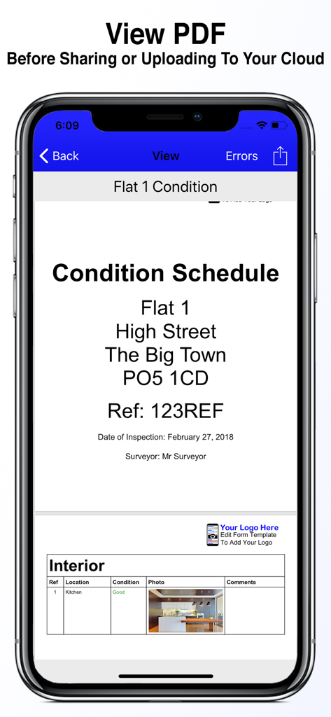 Tela de smartphone mostrando um relatório de inspeção profissional em PDF gerado dentro do aplicativo Forms.