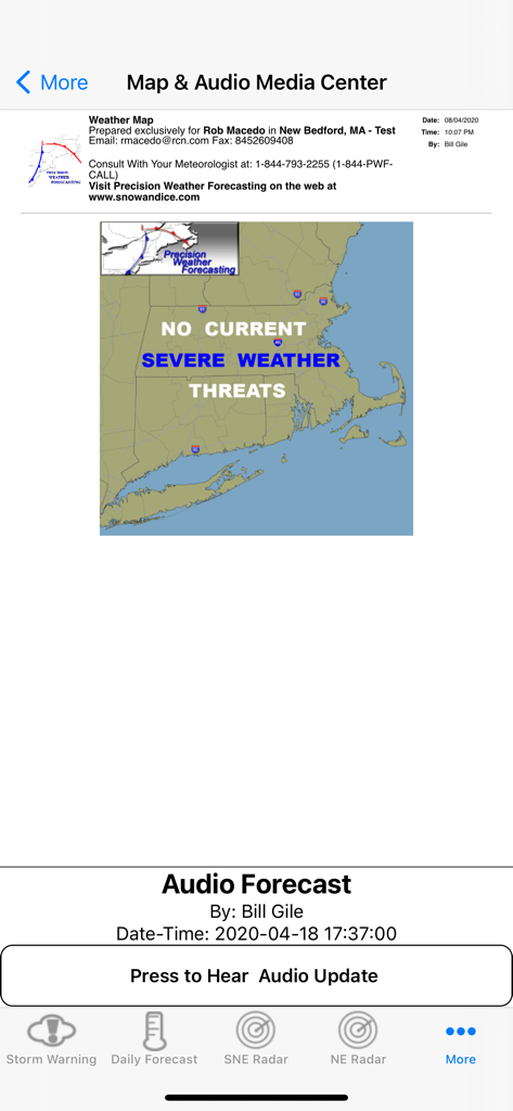 Precision Weather Forecasting - Map and audio media center screen showing Southern New England weather threats and an audio forecast button.