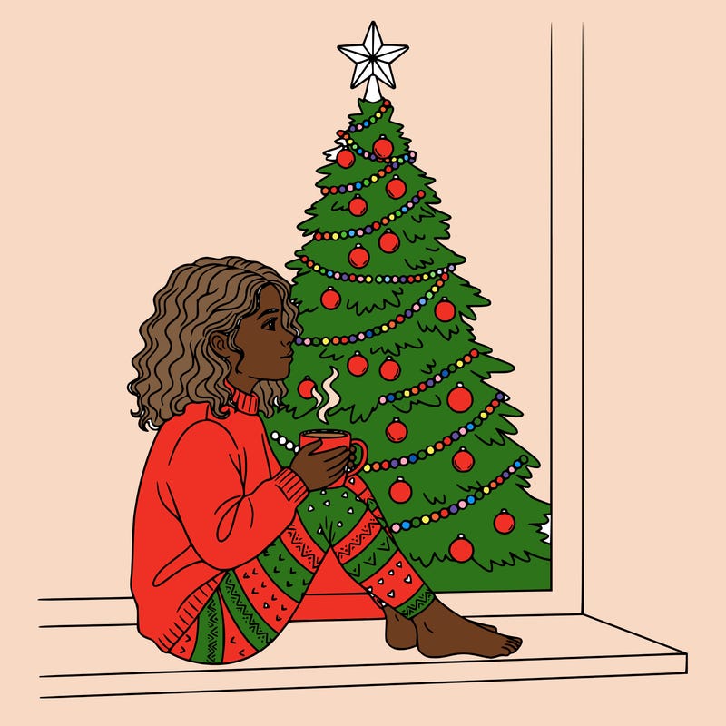 a girl sitting in the window with a cofee and behind she is a chrismas tree