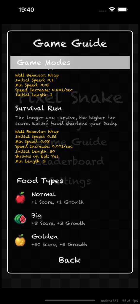 Pixel Snake: Retro Challenge - Pixel Snake game guide screen displaying game modes and food types with their corresponding score and growth values