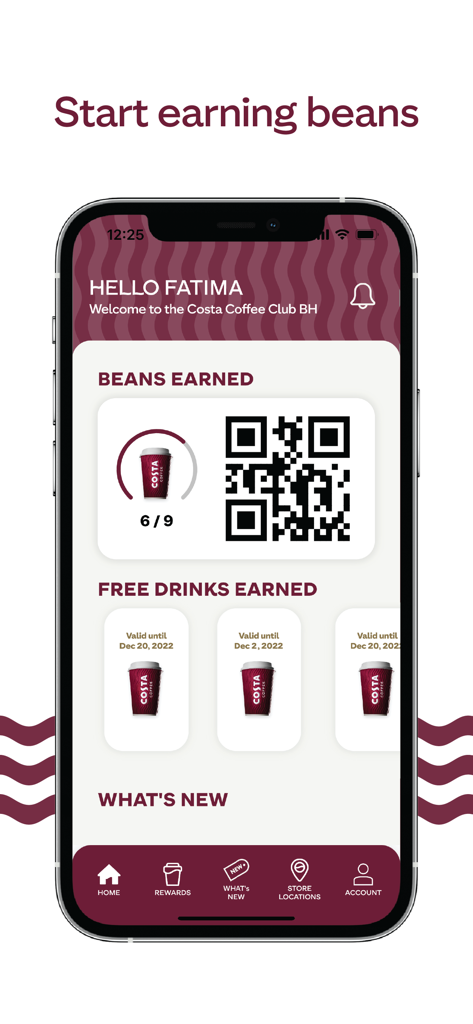 Costa Coffee Club BH - Costa Coffee Club BH App-Startbildschirm, der den Fortschritt der gesammelten Bohnen und verfügbare kostenlose Getränke anzeigt