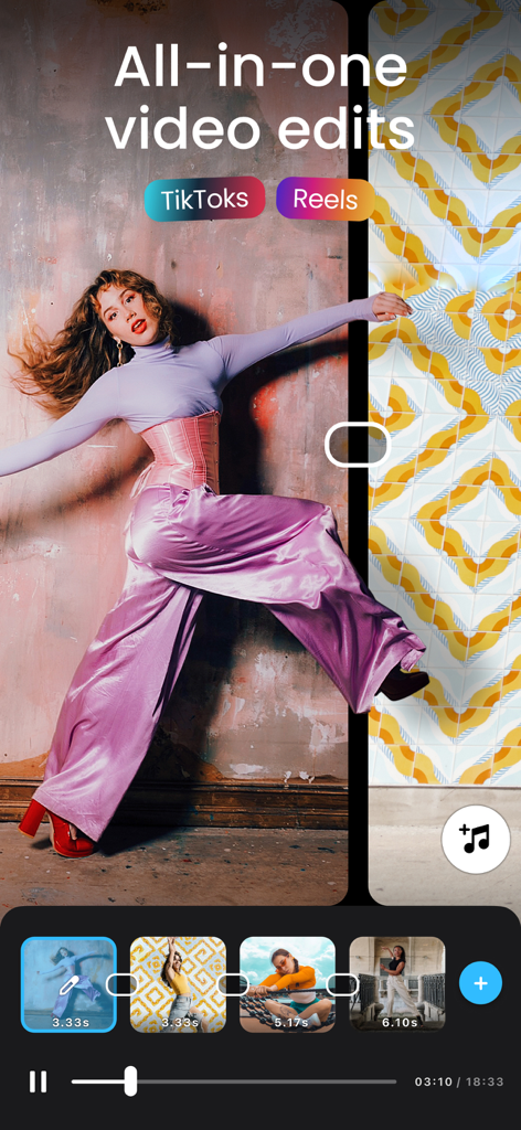 Video Maker & Editor: Dizzi AI - Interfaz de la aplicación Dizzi AI mostrando herramientas para crear ediciones de video para TikTok y Reels con una línea de tiempo y opciones de música.