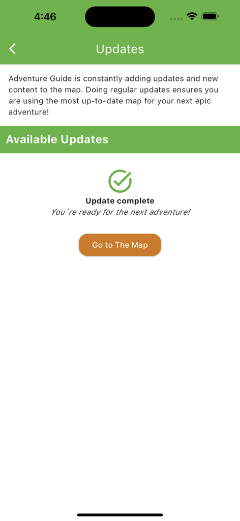 Pantalla de actualización completa en la aplicación Adventure Guide Navigator que muestra que está lista para la próxima aventura