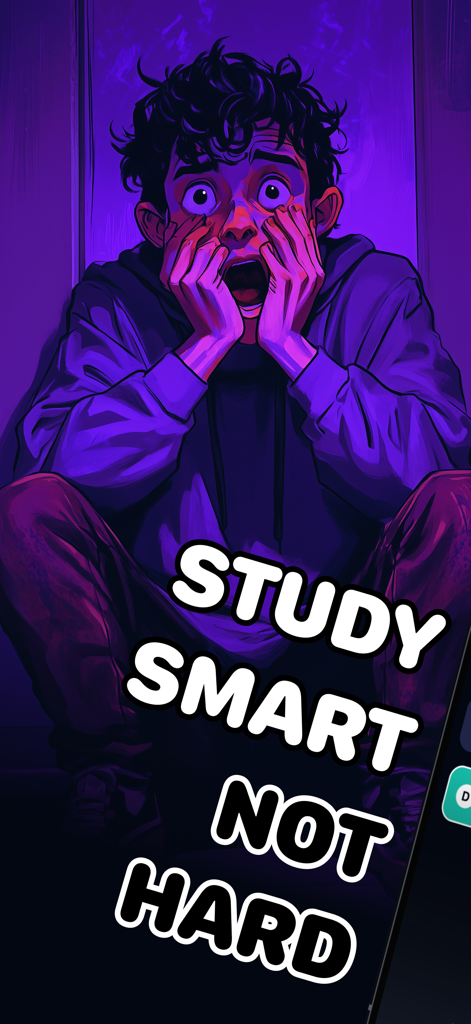 Kwizz: AI Quiz Generator - Illustration eines gestressten Studenten mit dem Text Study Smart Not Hard