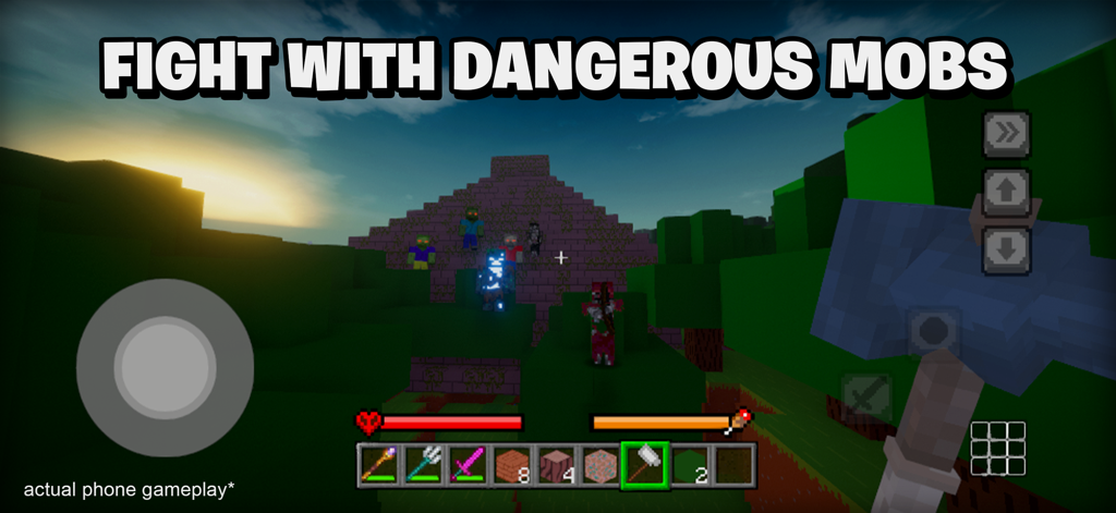 Build World: Sandbox Survival - First-person gameplay of a player facing dangerous mobs in a 3D block sandbox world at sunset