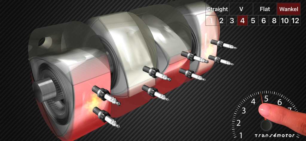 Trans4motor - Engine Simulator - Visualização transparente em 3D de um motor Wankel de 4 rotores no simulador Trans4motor