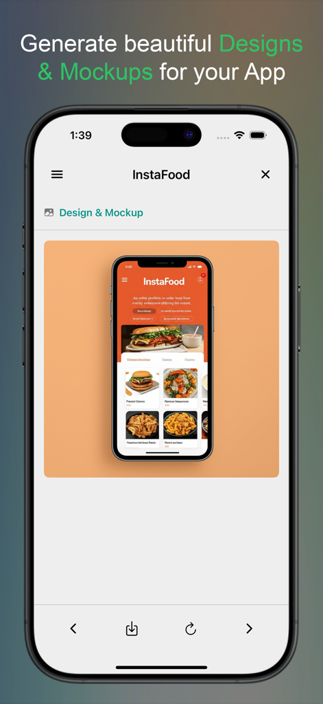 Startup AI: Idea Validator - Mobile app interface displaying an AI generated design and mockup for a food delivery startup idea