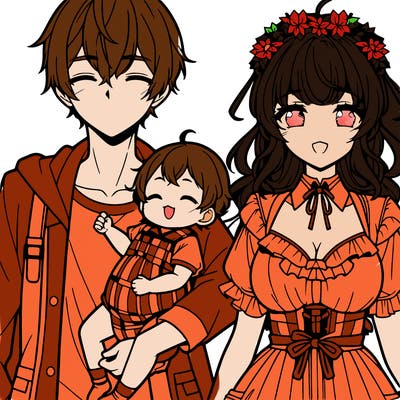 anime girl with her  baby and her husband