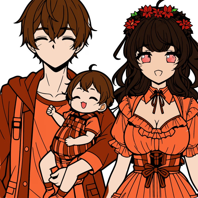 anime girl with her  baby and her husband