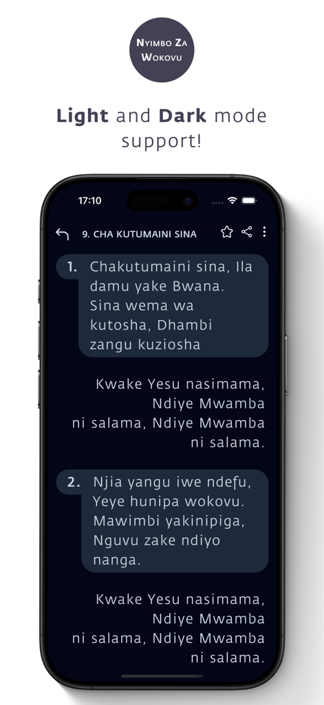 Nyimbo za Wokovu (MPYA) - Smartphone screen showing Nyimbo za Wokovu app in dark mode with Swahili hymn lyrics