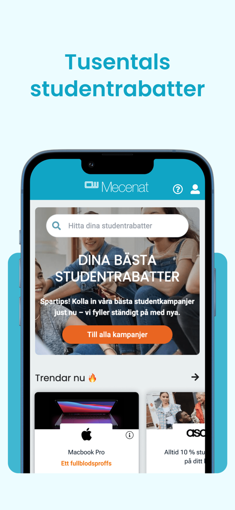 Interface of the Mecenat app showing student discounts for brands like Apple and ASOS.