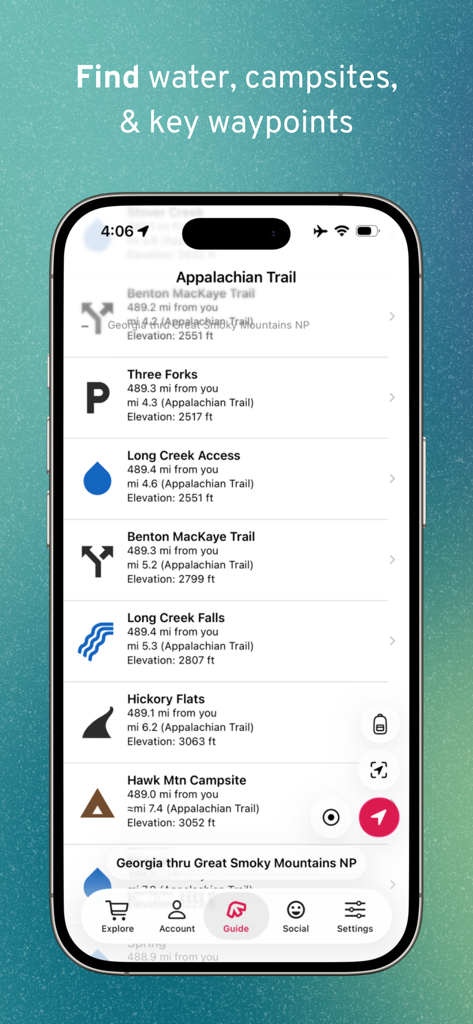 FarOut: Offline GPS Trail Maps - Mobile screen showing trail waypoints for water sources and campsites on the Appalachian Trail in the FarOut app
