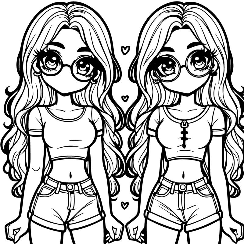 twin girls with long hair and wearing crock top and jeans and with cute glasses