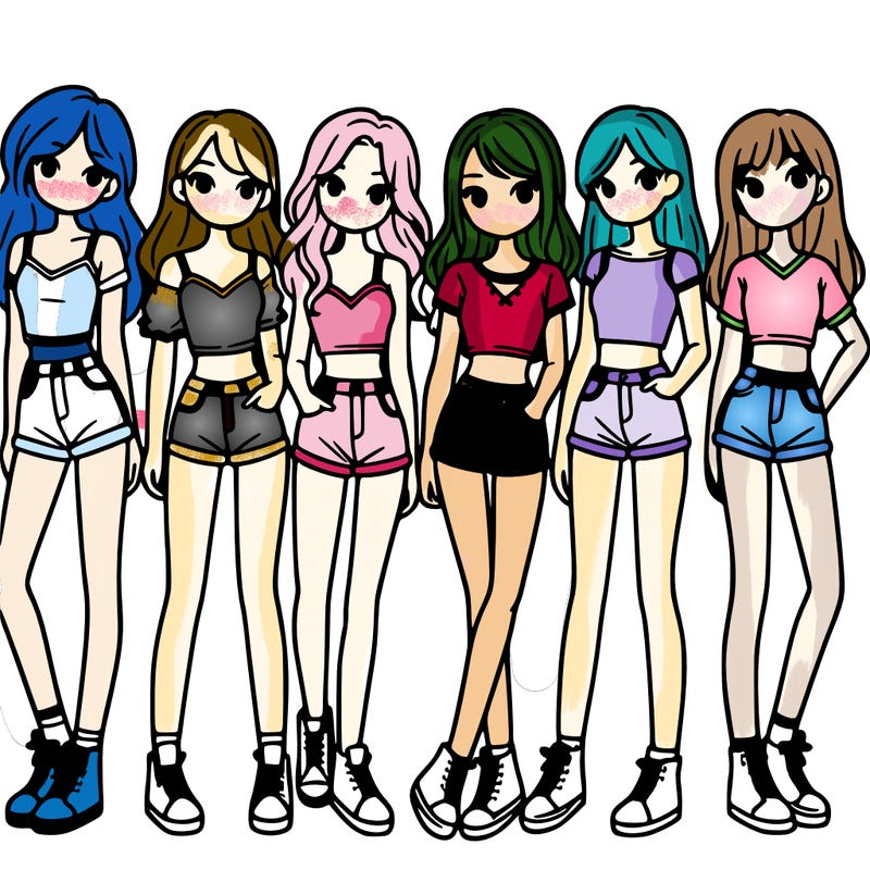 a group of girls wearing crop tops and shorts