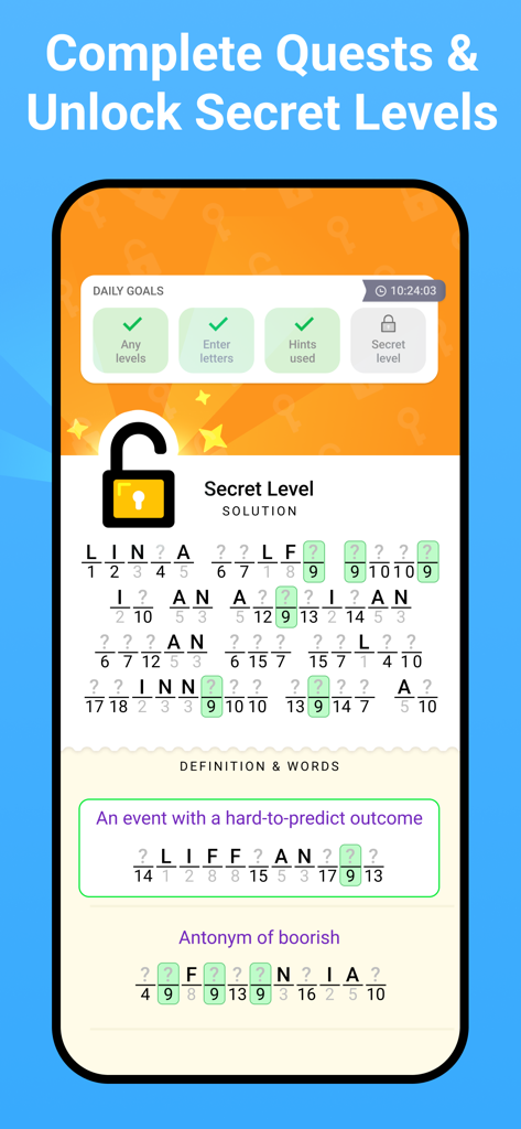 Figgerits - Word Puzzle Games - Tela de jogo do quebra-cabeça de palavras do Figgerits mostrando um criptograma de nível secreto e missões diárias
