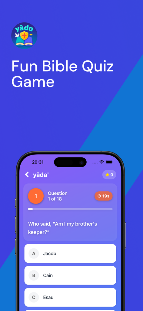 Bible Quiz: Yada - Interface de tela móvel do aplicativo Quiz Bíblico Yada mostrando uma pergunta de curiosidades de múltipla escolha da Bíblia.