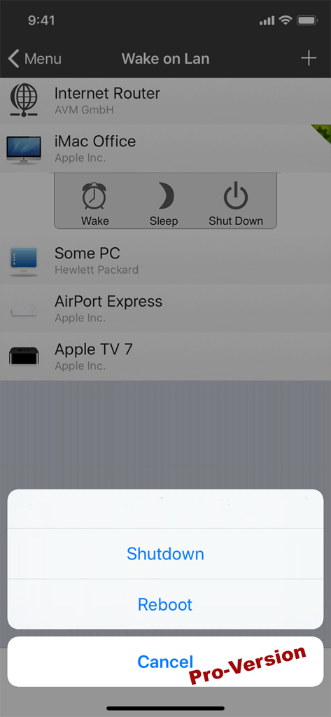 iNet - Network Scanner - iNet app showing remote wake on LAN sleep and shutdown controls for networked devices