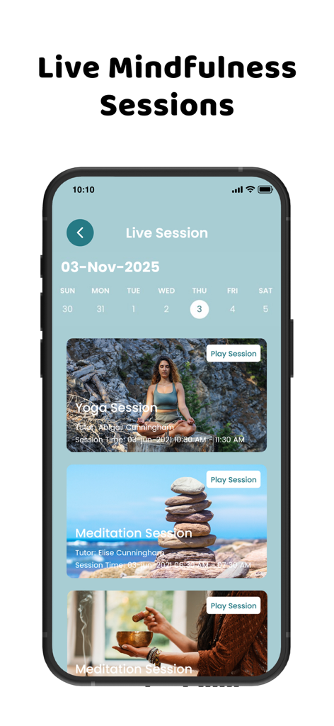 The Mindfulness Meditation App - Interfaz de aplicación móvil que muestra un horario de sesiones de yoga y meditación en vivo con tutores profesionales.