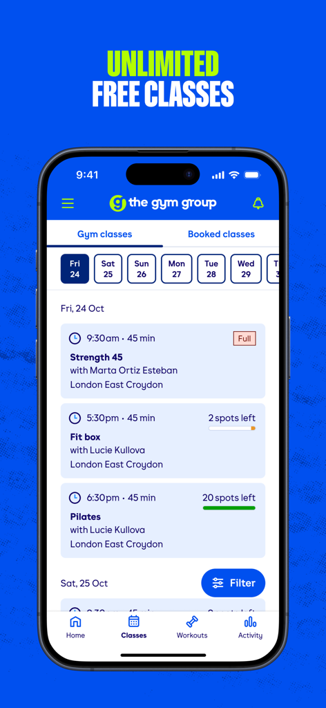 A screenshot of The Gym Group app showing a schedule of fitness classes with booking availability