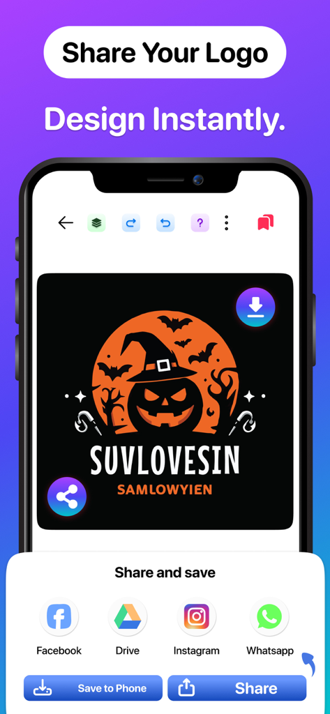 Logo Maker and AI Logo Creator - Pantalla de la aplicación móvil mostrando un logo temático de Halloween con opciones para compartir en redes sociales o guardar en la galería del teléfono