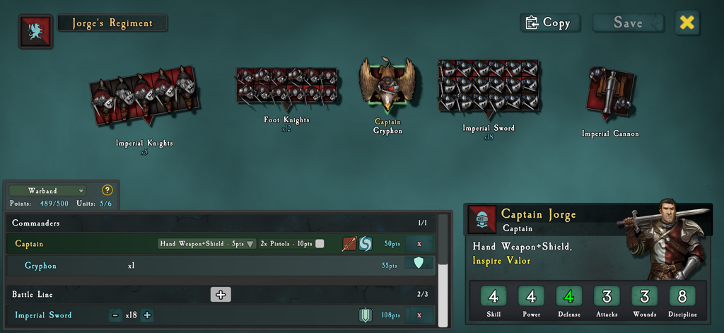 SOVL: Fantasy Warfare - SOVL Fantasy Warfare army builder interface showing regiment customization and commander stats