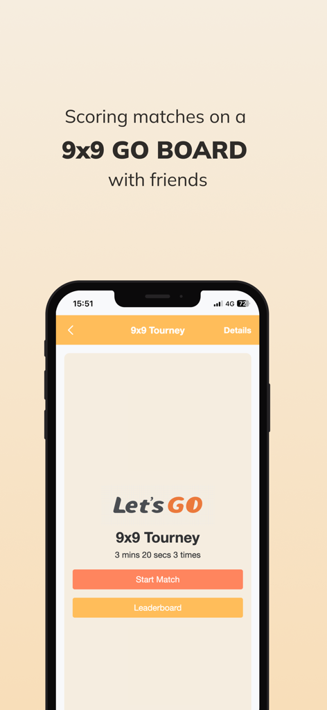 HJJ GO - One-stop Learning App - Smartphone display of the HJJ GO app showing the start screen for a 9x9 board tournament match