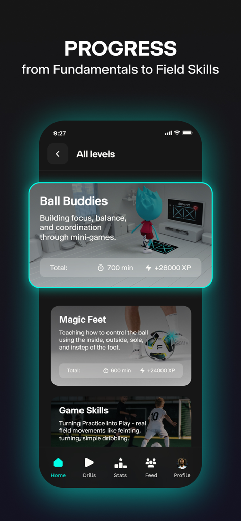 FPRO: Train football at home - Interface de l'application FPRO montrant des niveaux d'entraînement de soccer progressifs, des fondamentaux aux compétences de terrain