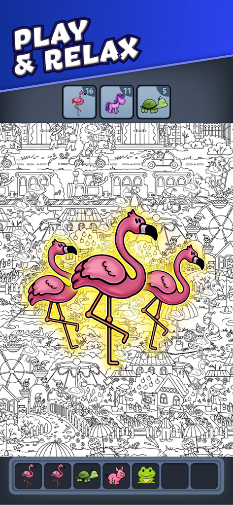 Triple Match City - Ein Wimmelbild-Puzzle-Bildschirm von Triple Match City mit drei hervorgehobenen rosa Flamingos