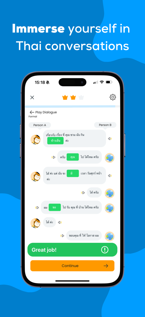 Ling - Learn Thai Language - Interface of Ling app showing a Thai language dialogue practice with two speakers and native audio buttons