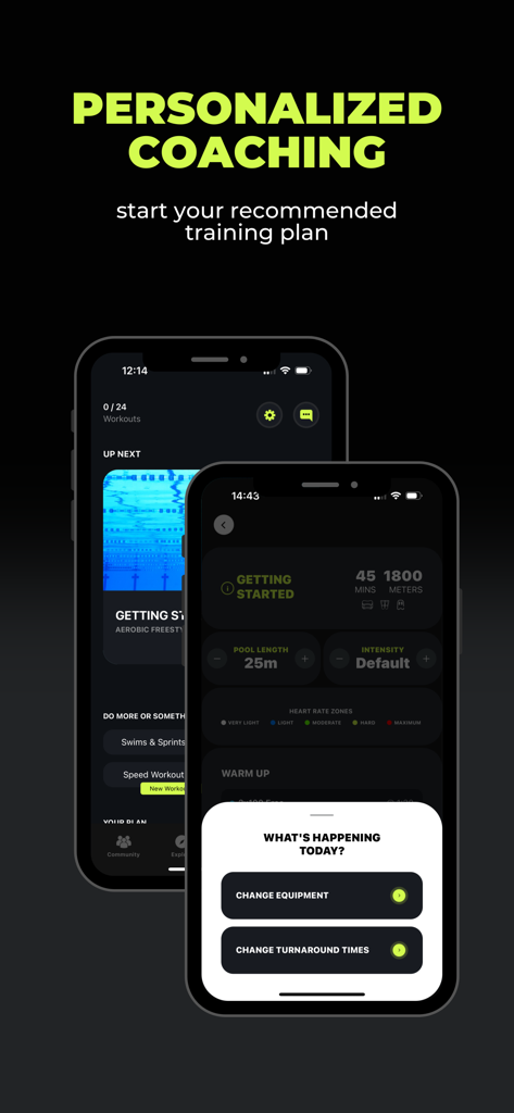 DuoSwim mobile app interface showing personalized swim coaching and training plan options