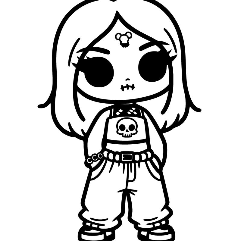 a relestice girl with a crop top with a skull on it with some baggy pants