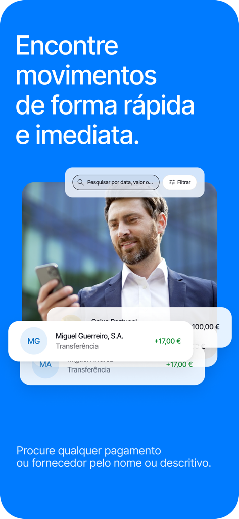 Interface of the Caixadirecta Empresas app displaying the search and filter feature for business transactions and payments.