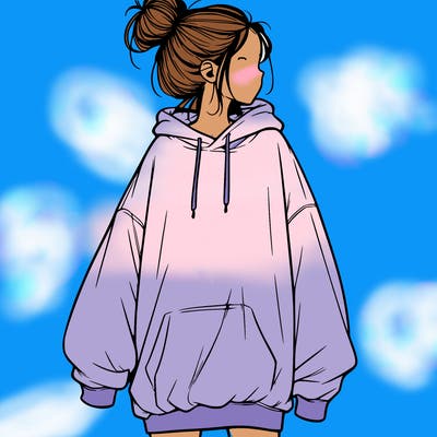 realistic girl with a oversized sweatshirt on and a bun