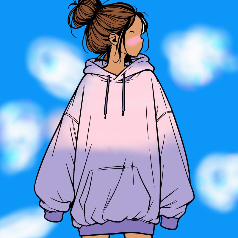 realistic girl with a oversized sweatshirt on and a bun