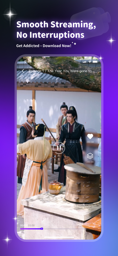 Elyon - Smartphone screen showing the Elyon app playing a short period drama with a headline about smooth streaming