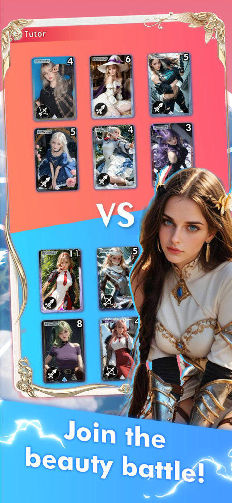 Card Queen:Duel - Uma tela de batalha de Card Queen Duel apresentando cartas de fantasia com belas personagens femininas e o texto "Junte-se à batalha de beleza."