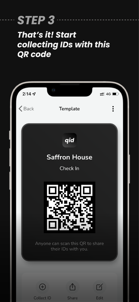 QID - Quick ID - Écran mobile montrant un code QR généré pour la collecte d'identifiants commerciaux et l'enregistrement des clients