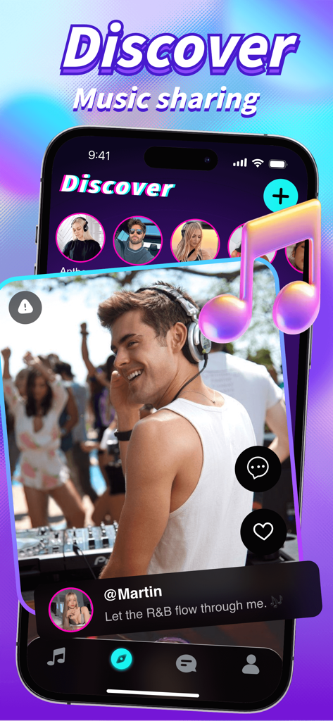 Luvia app screenshot showing the Discover screen with music sharing and user video profiles