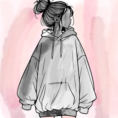 realistic girl with a oversized sweatshirt on and a bun